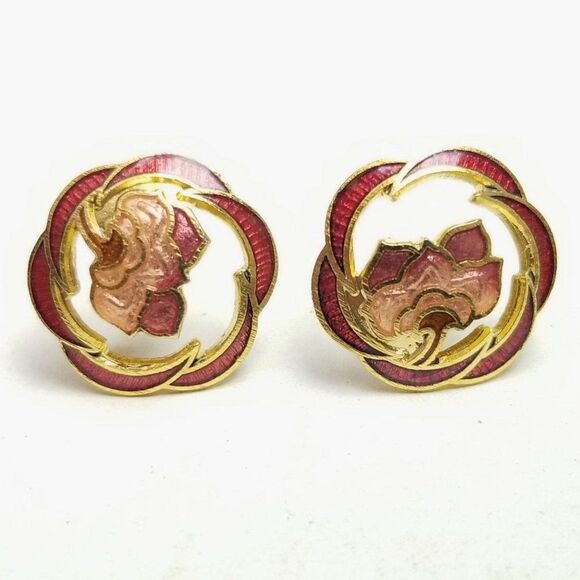 Vintage Red Pink Enamel Floral Stud Earrings, Retro 80s Style, Estate - Picture 1 of 6